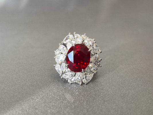 7.5ct 9.8g Oval Pigeon Blood Red Lab Diamond Ring | Pear & Marquise Diamond Floral Halo