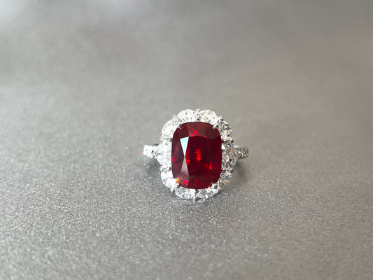 6.7ct 2.7g Cushion Cut Pigeon Blood Red Lab Gemstone Ring | Heart & Round Diamond Halo