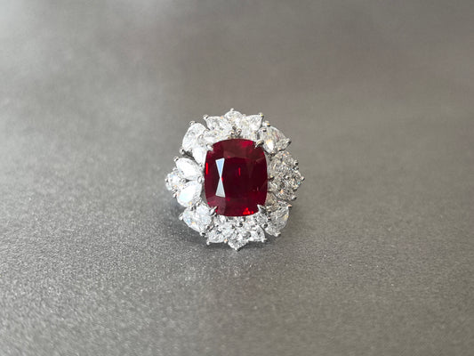 5.3ct 7.2g Cushion Cut Pigeon Blood Red Lab Gemstone Ring | Marquise & Pear Diamond Hal