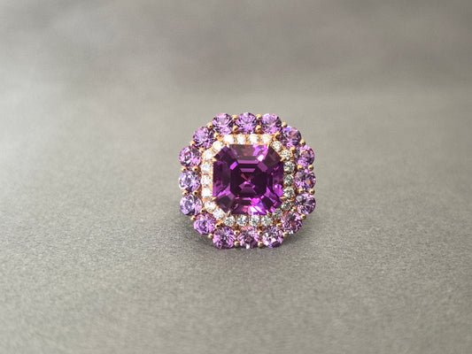 7ct 9.5g Cushion Cut Pinkish Purple Sapphire Ring | Double Diamond Halo | Half Pav