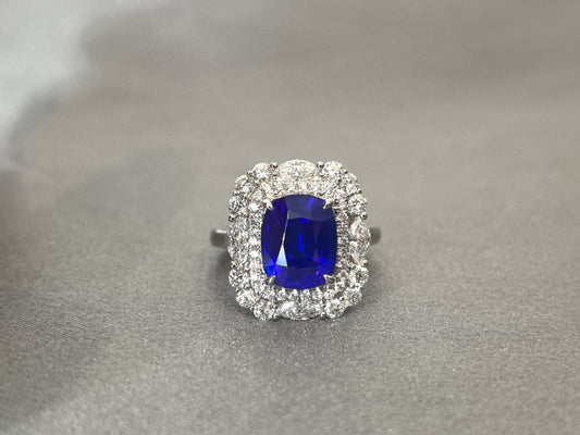 3.8ct 5.8g Cushion Vivid Blue Sapphire Ring | Double Diamond Halo