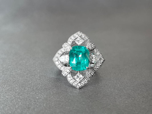 5.2ct  8.9g Cushion Cut Paraiba Lab Diamond Ring | Clover Shield Design