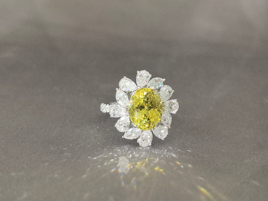 3.9ct 5.6g Oval Yellow Lab Diamond Ring | Marquise & Pear Diamond Halo | Half Pavé Band
