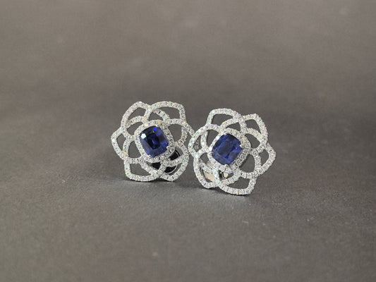 1.4ct 6.9g Cushion Blue Sapphire Floral Stud Earrings | Lab Diamond Petals | 14K White Gold