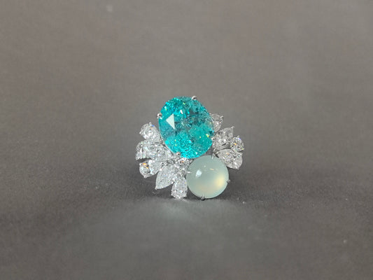 10.1ct 8.2g Oval Paraiba & Jadeite Floral Ring | Pear Diamond Accents | 14K White Gold