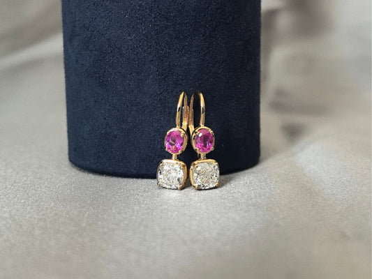 2.0ct 4.7g Pink Sapphire & Lab Diamond Drop Earrings | 14K Gold | Elegant Dangle Design