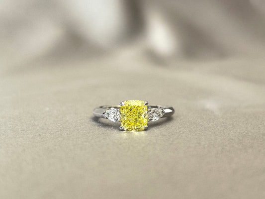 1.44ct 3.7g Cushion Vivid Yellow Lab Diamond Three-Stone Ring | Triangle Side Stones
