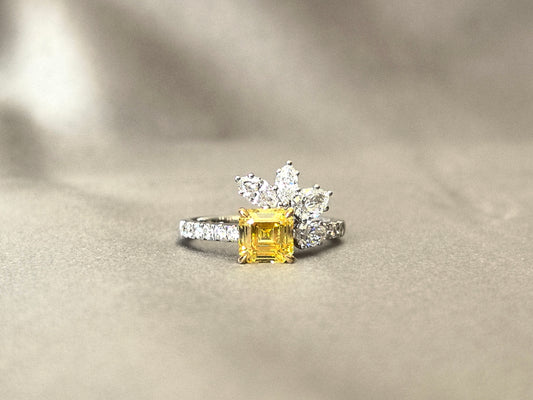 1.5ct 3.9g Vivid Yellow Asscher Cut Lab Diamond Ring | Marquise & Pear Leaf-Inspired Accents