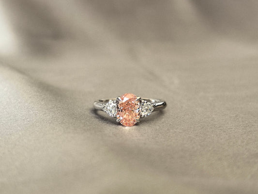 1.4ct 3.7g Pink Oval Cut Lab Diamond Three-Stone Ring | White Heart Side Stones | Plain Ban