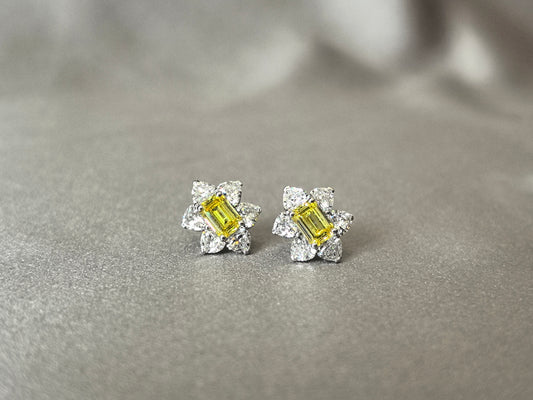 1.6ct Emerald Cut Vivid Yellow Lab Diamond Flower Earrings |2ct Heart-Shaped Diamond Halo