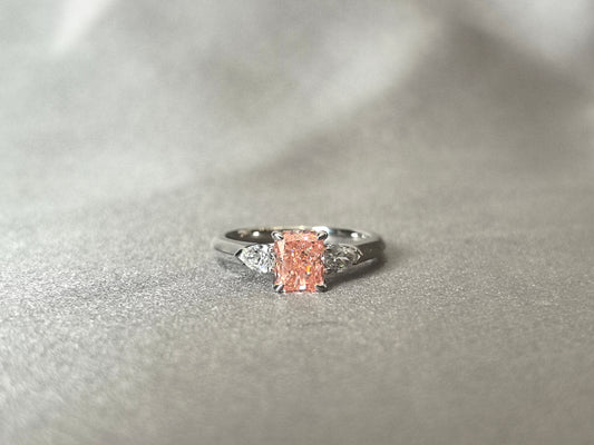 1ct 3.7g Radiant Pink Lab Diamond Three-Stone Ring | Pear Side Stones