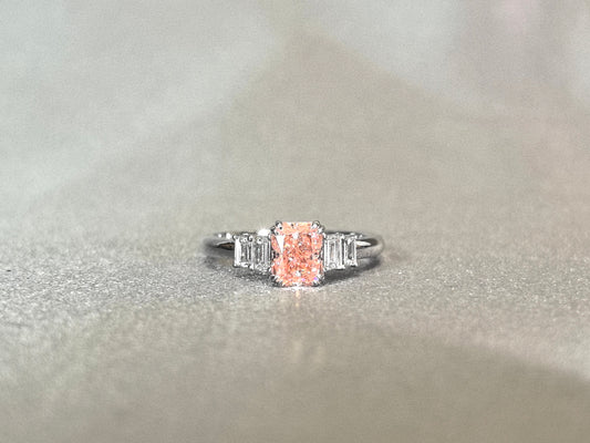 1ct 3.4g Radiant Cut Pink Lab Diamond Ring | Side Emerald Cut White Diamonds | Plain Band