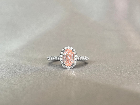 1ct 3.9g Oval Pink Lab Diamond Ring | Diamond Halo | Half Pavé Band