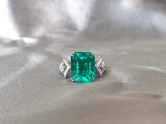 7.7ct 7.8g Emerald Lab Gemstone Ring | Split Shank with Star Detailing