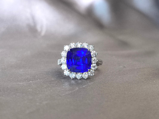 6.4ct 6.5g Cushion Vivid Blue Sapphire Ring |Lab Diamond Halo