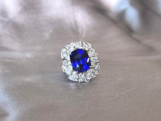7.3ct 9.7g Cushion Vivid Blue Sapphire Ring | Marquise & Pear Diamond Halo | Half Pavé Band