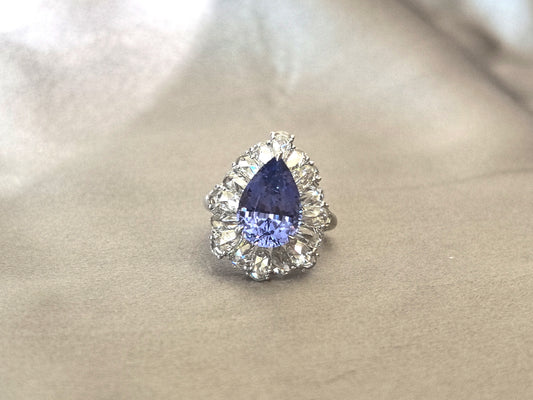 6.7ct 7.8g Teardrop Lavender Garnet Ring | Pear Diamond Halo | Lab-Grown