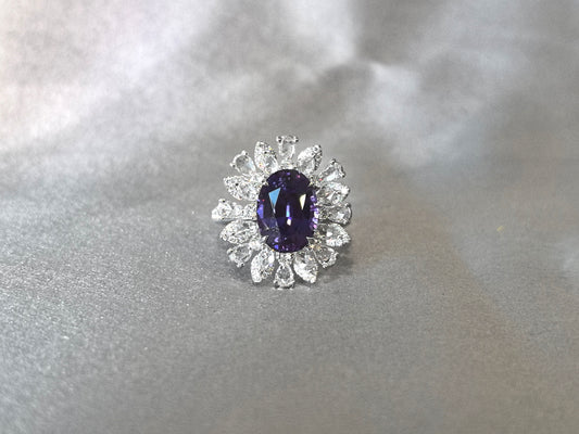 5.3ct 7.9g Pear Cut Pinkish Orange Sapphire Ring | Pear & Marquise Diamond Halo | Lab-Grown