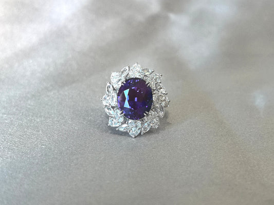 7.2ct 8.4g Pear Cut Pinkish Orange Sapphire Ring | Pear & Marquise Diamond Halo | Lab-Grown