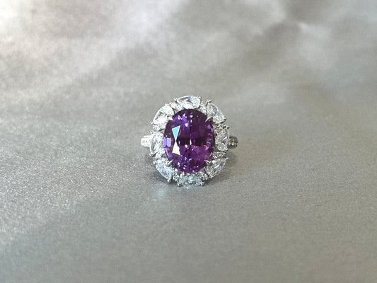 8ct 7.5g Pear Cut Pinkish Orange Sapphire Ring | Pear & Marquise Diamond Halo | Lab-Grown
