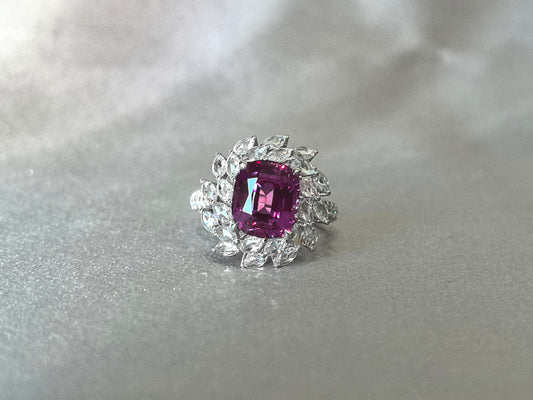 4.8ct 6.4g Cushion Pinkish Purple Sapphire Ring | Double Curved Pear Halo | Lab-Grown