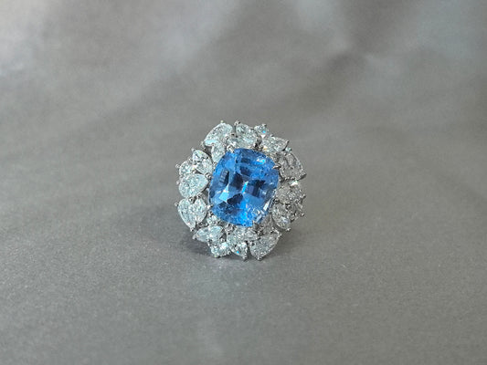 8.2ct 9.9g Cushion Cut Aquamarine Ring | Pear & Marquise Lab Diamond Halo