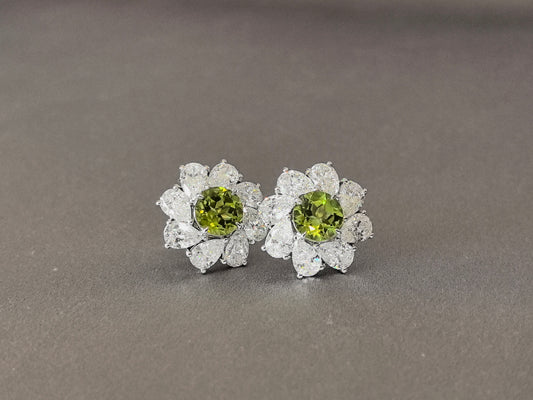 2ct 9.2g Peridot Stud Earrings | 2-Carat Center Stone | Floral Motif Design | Fresh Elegance | 18K Gold