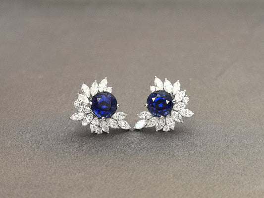 Round Sapphire Stud Earrings | Symmetrical Floral Design | Lab-Grown Luxury | 18K Gold