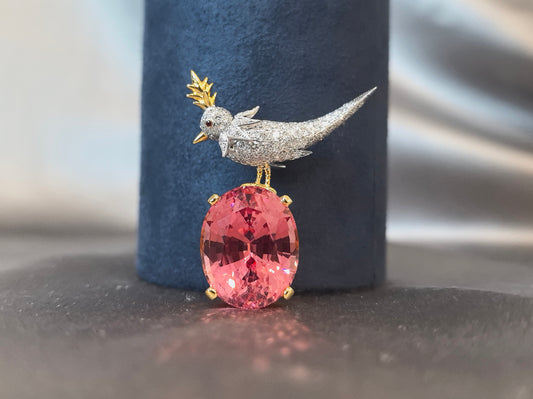 27.5ct 18.8g Padparadscha Sapphire Brooch | Lab-Grown Diamond Bird Motif | Heirloom Luxury | Unique Jewelry