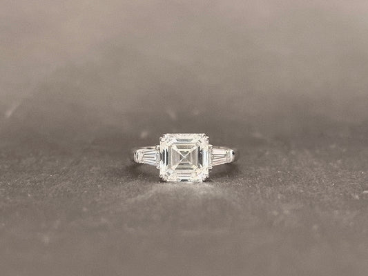 Asscher Cut Lab Diamond Ring | Three-Stone Baguette Design | Architectural Elegance | Lab-Grown