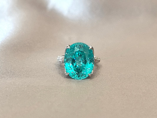 20ct Paraiba Solitaire on Diamond Leaf Halo Ring