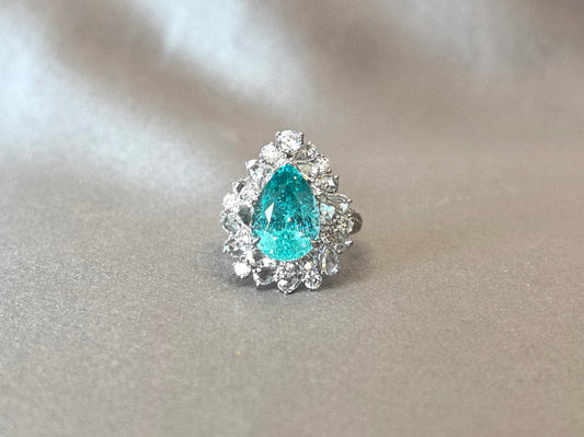 7.5ct 9.2g Pear Cut Paraiba Ring | Double Halo (Pear & Round Diamonds) | Half Pavé Band
