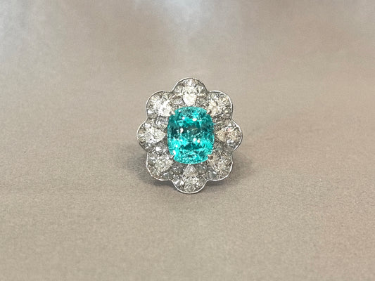 8.4ct 8.8g Elongated Cushion Paraiba Ring | 3D Double Halo (Pear & Round Diamonds)