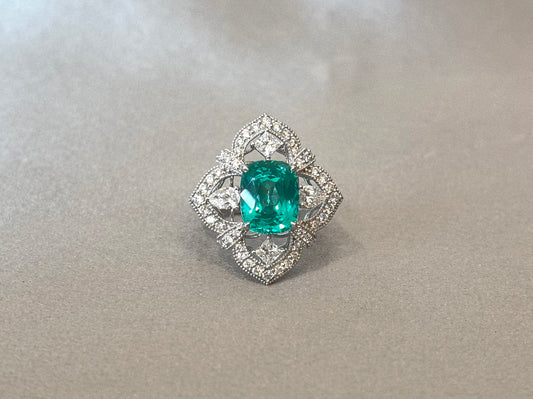 5.2ct  8.9g Cushion Cut Paraiba Lab Diamond Ring | Clover Shield Design