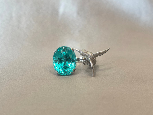 13.7ct 13.5g Oval Paraiba Ring with Flying Bird Setting | Open Band Design