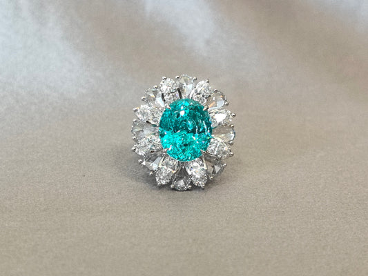 13ct 6.35ct 12g Oval Paraiba Tourmaline Ring | 3D Double Halo Lab Grown Diamonds