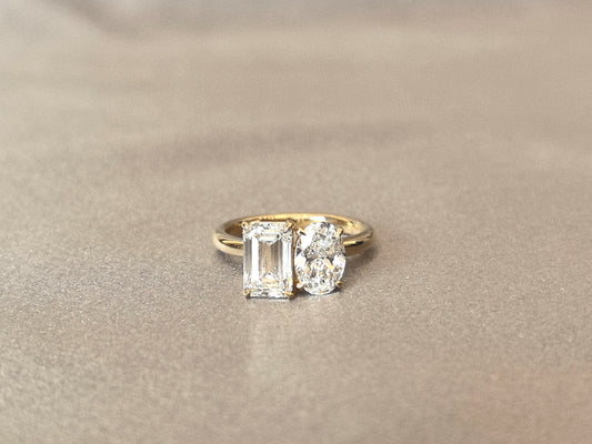 Oval & Emerald Cut Two-Stone Ring | Customizable Lab Gemstones | 14K Gold | Personalized Birthstone Design