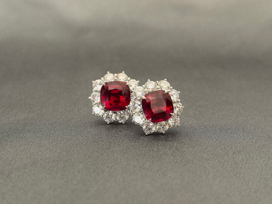 3.4ct 5.7g Cushion Ruby & Diamond Stud Earrings | Round Lab Diamond Halo | 18K Gold | Luxurious Elegance