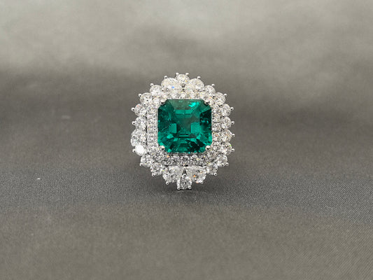 5.6ct 8.1g Asscher Cut Emerald & Diamond Ring | Round Lab Diamond Halo | 18K Gold | Regal Elegance