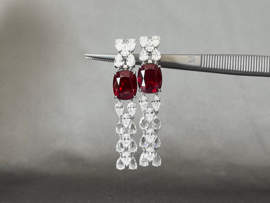6.4ct 12.8g Cushion Ruby & Pear Diamond Earrings | Lab-Grown | 18K Gold | Elegant Luxury