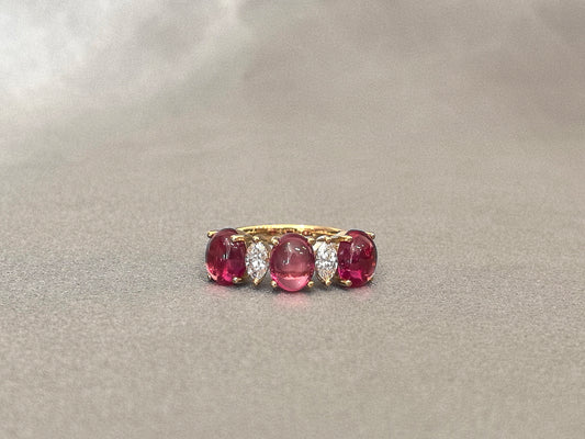 3.9ct 4.45g Cabochon Ruby & Marquise Lab Diamond Ring | Unique Three-Stone Design | 14K Gold
