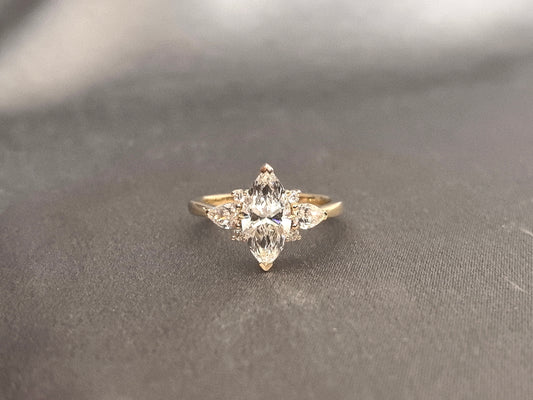 Vintage Marquise Lab Diamond Ring | Pear & Round Diamond Accents | 14K Gold | Heirloom Elegance