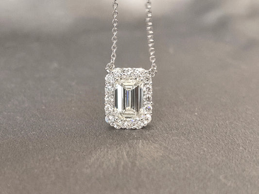Emerald Cut Lab Diamond Halo Pendant | Fancy Design | 14K Gold | Modern Elegance