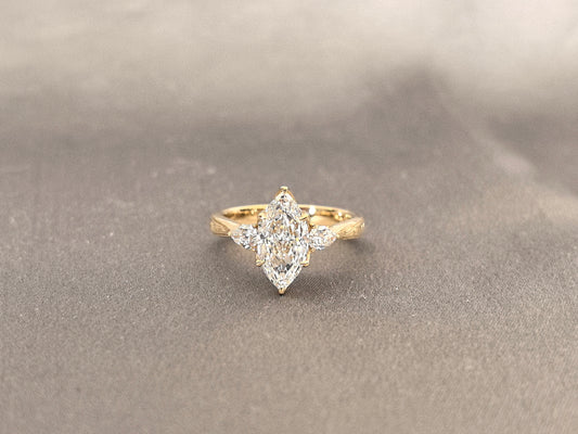Marquise Lab Diamond Ring | Floral Prong & Engraved Band | Pear Side Stones | 14K Gold