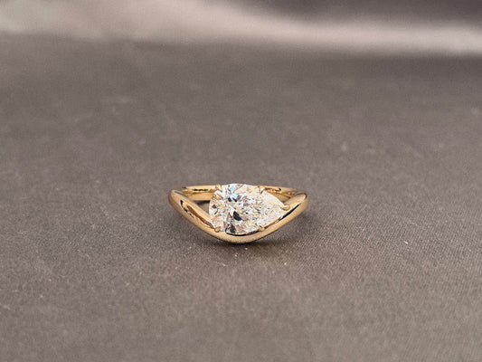 East-West Pear Cut Lab Diamond Pinky Ring | Twisted Band | 14K Gold | Artistic Statement