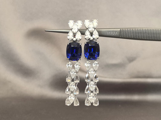 6.4ct 12.8g Cushion Sapphire & Pear Diamond Earrings | Lab-Grown | Serene Luxury