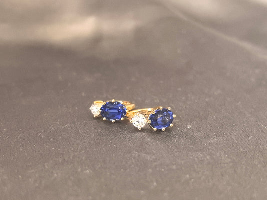 1ct 2.4g Oval Sapphire & Round Diamond Ear Studs | Lab-Grown Gemstones | 14K Gold | Timeless Contrast