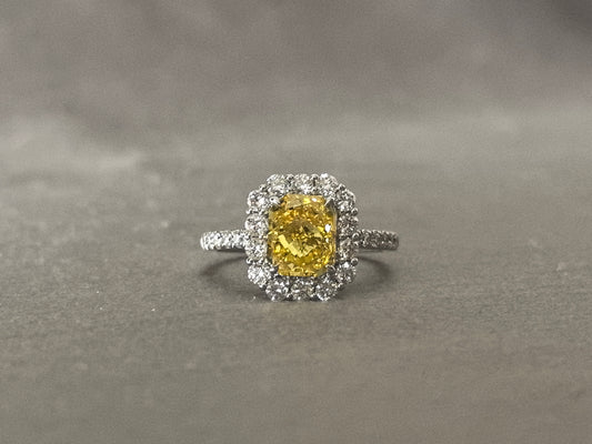 2 Carat 4.3g 18K Gold | Cushion Cut Fancy Vivid Yellow Lab-Grown Diamond Ring | 4.3g 18K Gold | Vintage Half-Halo Design