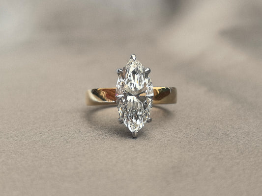 MA-007|Marquise-cut lab diamond solitaire ring|2-prong set |Smooth snag-free band surface
