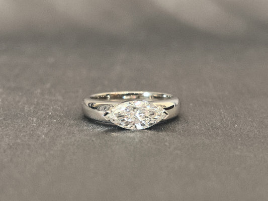 14K Gold Plain Band | Horizontal Marquise Diamond | Modern Solitaire | 1ct Lab-Grown